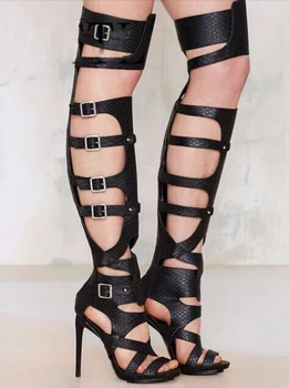 2022 juoda gladiatorių sandalai, batai, mados sagtis vasaros šlaunų auliniai batai aukštakulniai sandalai moterims, didelio dydžio moteriški batai