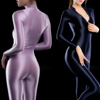 Moterų Fullbody Spandex Zentai Bodysuit Seksualus Suaugusiųjų Fancy Dress Blizgus Blizgus Satino Sexy Moterys ilgomis Rankovėmis Piršto Triko