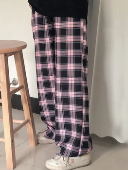 Streetwear Juodos ir Rožinės spalvos Pledas Kelnės Moterims korėjos Aukšto Juosmens Atsitiktinis Pločio Kojų Kelnės Vasaros Preppy Stiliaus Kelnės