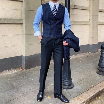 Vyriški Dryžuota Liemenė Britų Stiliaus Verslo Kostiumas Elegantiškas Slim Fit Retro dvieiliai Atsitiktinis Vyrų Vest Retro Madinga Liemenė