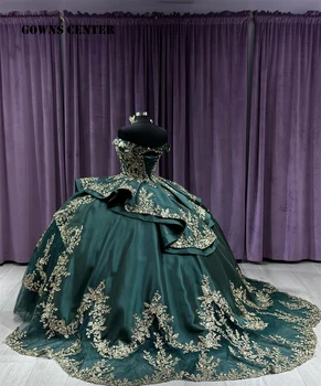 Vintage Dark Green Satino Ruffels Aukso Aplikacijos Meksikos Quinceanera Suknelę Prabanga vestido 15 quinceañeras Korsetas Prom Nėrinių