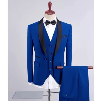 Royal Blue Vyrų Kostiumai Mados Juoda Skara Atvartas Vyrų Kostiumas Vestuvių Jaunikis Slim Fit Smokingas Visiškai Vyrų Kostiumas (Striukė+Kelnės+Liemenė) 2023