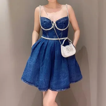 Vasaros Moterų Džinsinio audinio Dirželis Mini Suknelė 2023 Naujų Dizainerių Mados Prabangių Krištolo Linijos vakarėlis Seksualus Suknelės Forma Skraiste Q281