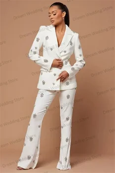 Prabanga Kristalai Moterų Kostiumas Nustatyti Švarkas+Kelnės Baltos Spalvos Elegantiškas Užsakymą Pagaminti Vestuvių Tuxedos 2 Vnt Oficialų Office Lady Moteriška Striukė